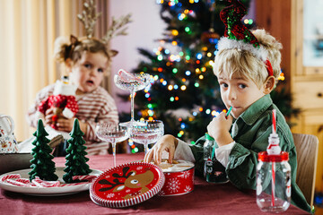 Two kids at the Christmas table