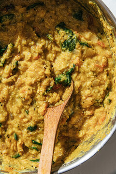 Close up of lentil dal in a pot