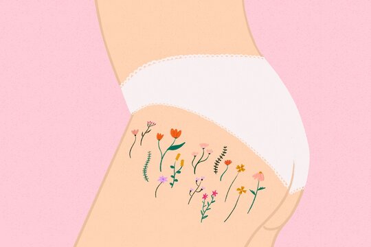 Woman body positive stretch marks flowers