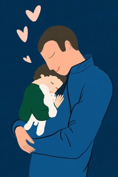 Father holding sleeping baby, illustration