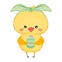 Cute baby chick with easter egg. Easter vector illustration.