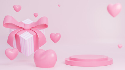 Happy valentine day banner with gift box and hearts 3d objects with podium for product presentation on pink background.,3d model and illustration.