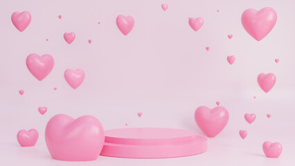 Happy valentine day banner with many hearts 3d objects and podium for product presentation on pink background.,3d model and illustration.