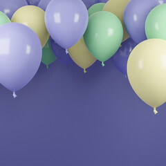 multi colored balloons floating in purple pastel background.birthday party and new year concept. 3d model and illustration.