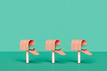 frontal view of pink mailboxes. minimal design