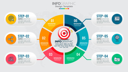 Infographics template with 6 elements workflow process chart.