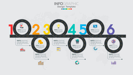 Infographics template with 6 elements workflow process chart.