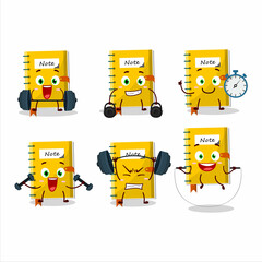 A healthy note book cartoon style trying some tools on Fitness center