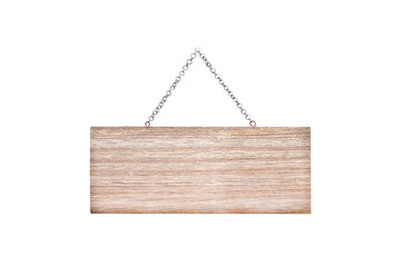 Blank wood sign frame with old steel chain hanging isolated on white background , clipping path