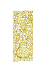 Engraving gold lotus flowers in vase decorative on wall in temple isolated on white background , clipping path