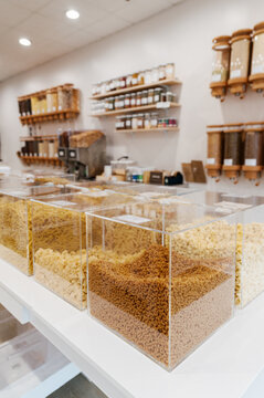 Rows of Bulk Pasta in a Plastic-Free Grocery Store