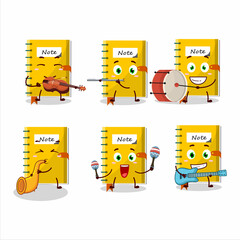 Cartoon character of note book playing some musical instruments