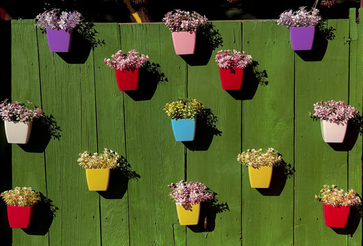 colorful flower pots, flowers on wooden decor