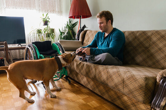 Man Sitting On A Sofa Playing With His Dog