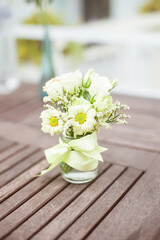 Wedding flowers, bridal bouquet closeup, wedding floral decoration in sunny day
