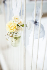 Wedding flowers, bridal bouquet closeup, wedding floral decoration in sunny day
