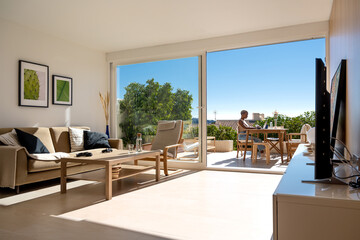 Freelancer working on summer terrace