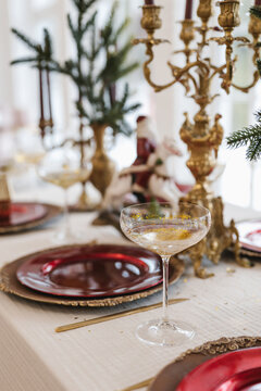 Champagne glass served on Christmas table