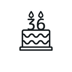Birthday cake line icon with candle number 36. Vector.