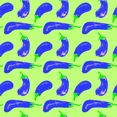 Vector eggplant pattern seamless. Aubergine pattern. Aubergine decoration. Vegetarian background. Fabric decor. Aubergines backdrop. Drawings of vegetables. Purple eggplants. Vegan textile ornament.