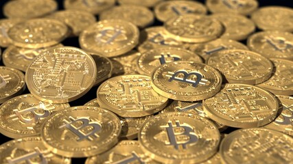 A bunch of bitcoin coins. A camera with long focus lenses.