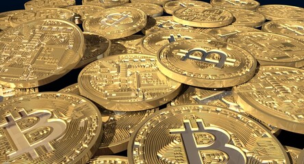 A bunch of bitcoin coins. A camera with long focus lenses.