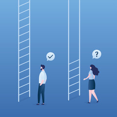 Gender gap. Inequality in work or business. Advantage for businessman over businesswoman on career ladder. Business characters before different staircases.