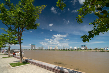 riverside pedestrian promenade of central phnom penh city in cambodia
