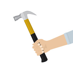 Worker hand holds hammer. Work tool isolated on white background. Repairman with industrial instrument.