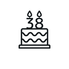Birthday cake line icon with candle number 38. Vector.