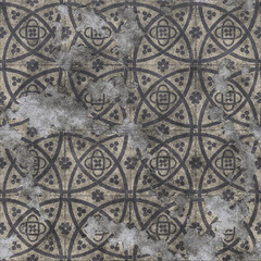 Ceramic tile with vintage pattern. Worn and worn gray tile background with decorative elements. Tuscan or Italian style. 3D-rendering