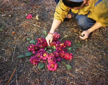 Asian woman in camellia woods


