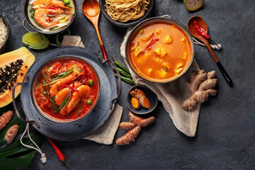 Traditional Thai food on dark background.
