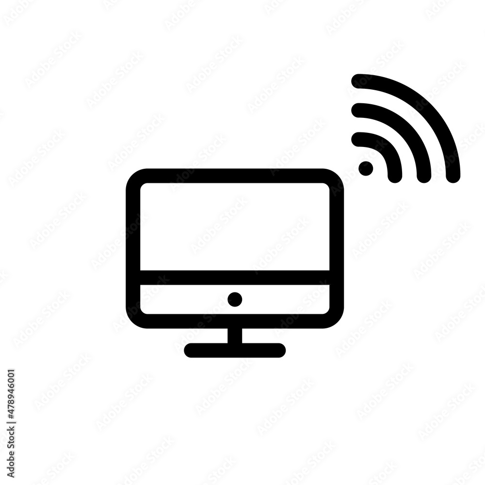 Aufkleber computer with wifi. minimal line art pixel perfect, editable stroke icon