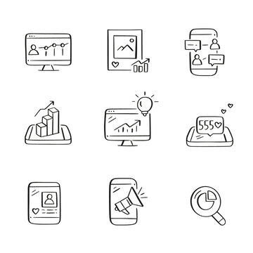 Social media marketing and content management related icons. Hand-drawn sketch icons