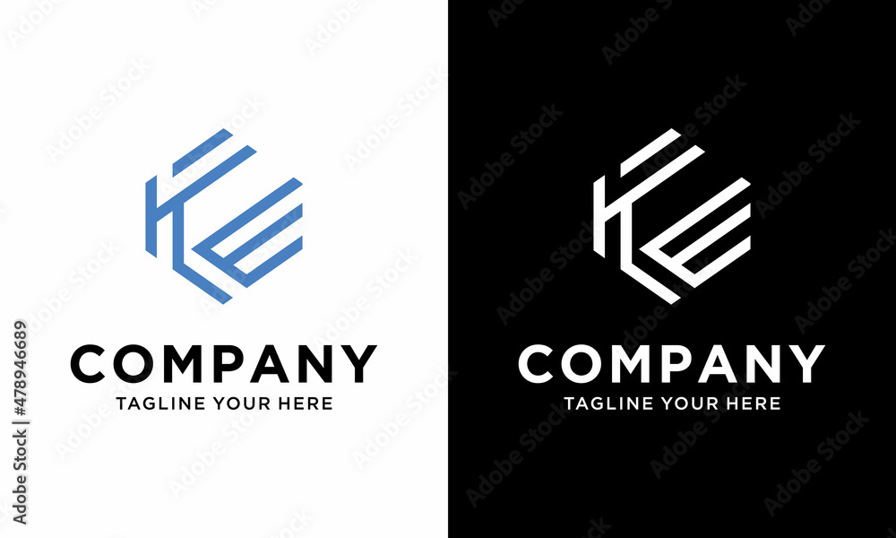 Poster ke logo monogram with hexagon shape and outline slice style. on a black and white background.