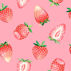 Seamless strawberry pattern. Watercolor illustration. Isolated on a pink background. For design.