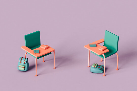 School desks with backpacks and accessories. 3d render