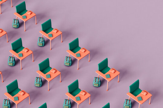 School desks with copy space. 3d render