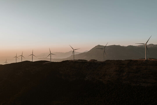 Aerial view of windmills on the hill by the Adriatic sea
