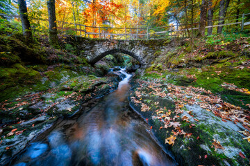 Idyllic stream and bridge in fall.
