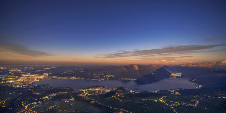Epic alpine valley night panorama.