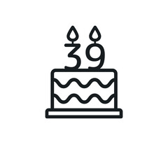 Birthday cake line icon with candle number 39. Vector.