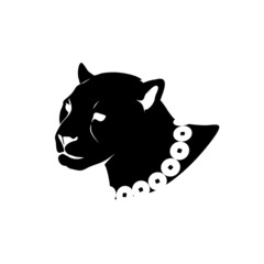 cougars head with a calm expression on her face, a necklace around her neck