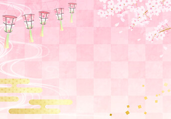 春の桜と提灯の和柄のベクターイラスト(花見,ひなまつり)