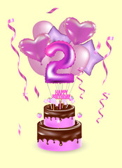 Happy second birthday card. vector illustration