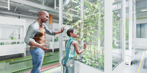 Futuristic interior growing plants