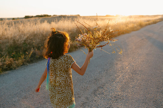 little girl walking with wild flowers bunch at sunset