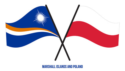 Marshall Islands and Poland Flags Crossed & Waving Flat Style. Official Proportion. Correct Colors.