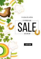 St Patrick's Day background. Illustration for lucky spring design with shamrock. Green clover border and square frame. Ireland symbol pattern. Irish header for web.